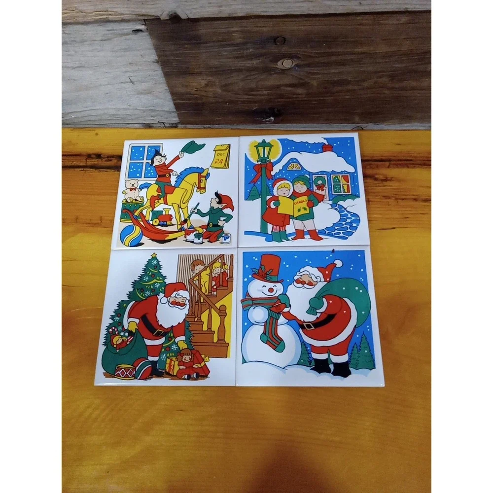 ArtMark Christmas Vintage 1987 Tile Trivets Set 4 Santa Snowman Rocking Horse 4